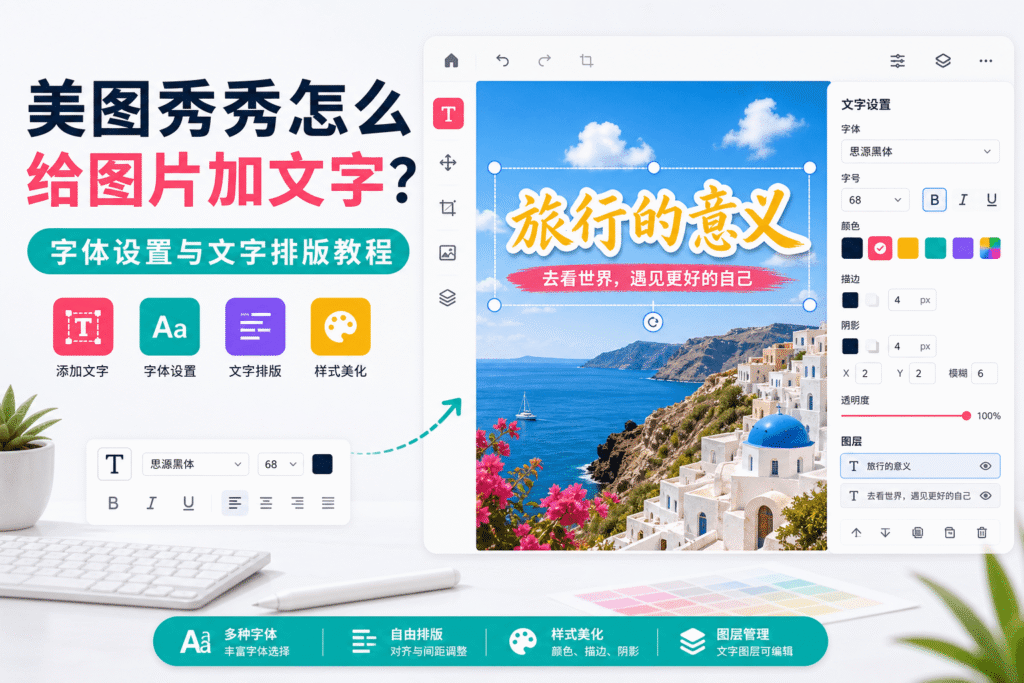 美图秀秀怎么给图片加文字?本文介绍添加文字、修改字体颜色、调整位置、设置文字水印以及批量给图片加文字的方法。