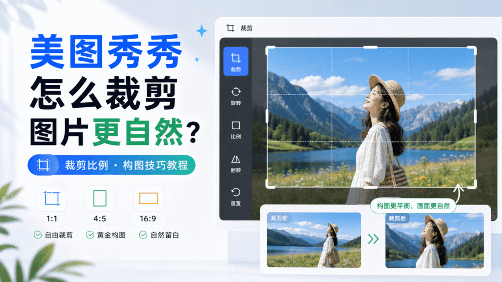 本文详细讲解美图秀秀怎么裁剪图片更自然，包括裁剪步骤、常用比例、人像与封面裁剪技巧、构图方法和保存前检查细节。