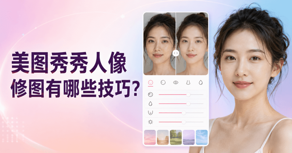 美图秀秀人像修图技巧封面，展示女性照片修图前后对比及磨皮、肤色和五官调整工具